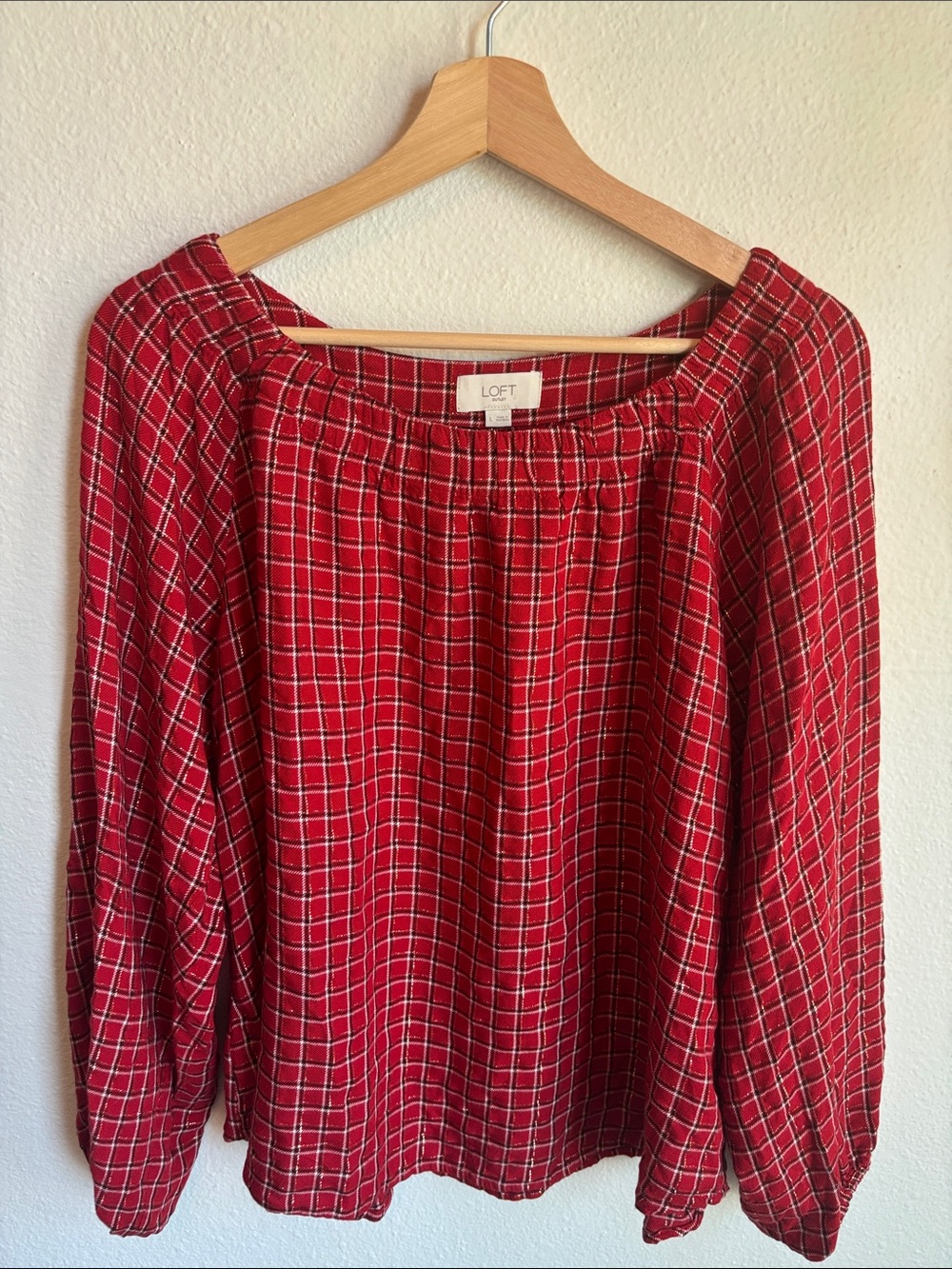 LOFT Flowy Red Plaid Blouse Workwear Large